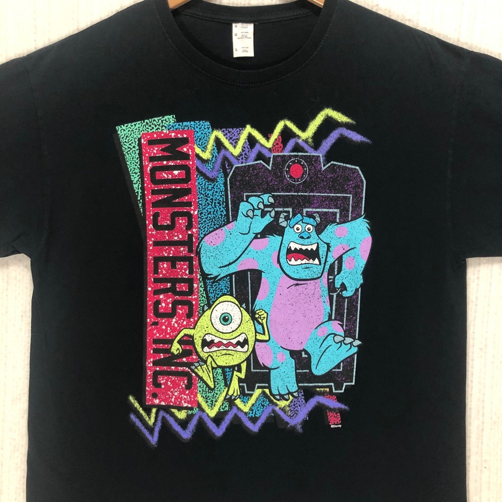 Disney Monsters Inc Mike and Sulley Graphic T-Shirt Black Mens Large Retro Neon